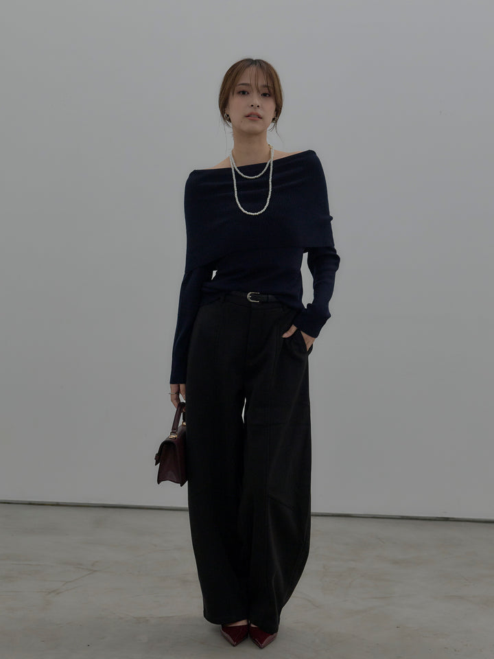 【SET】【premium touch】ソフトリブオフショルニットトップス+カーブデザインスウェットライクパンツ(2set)