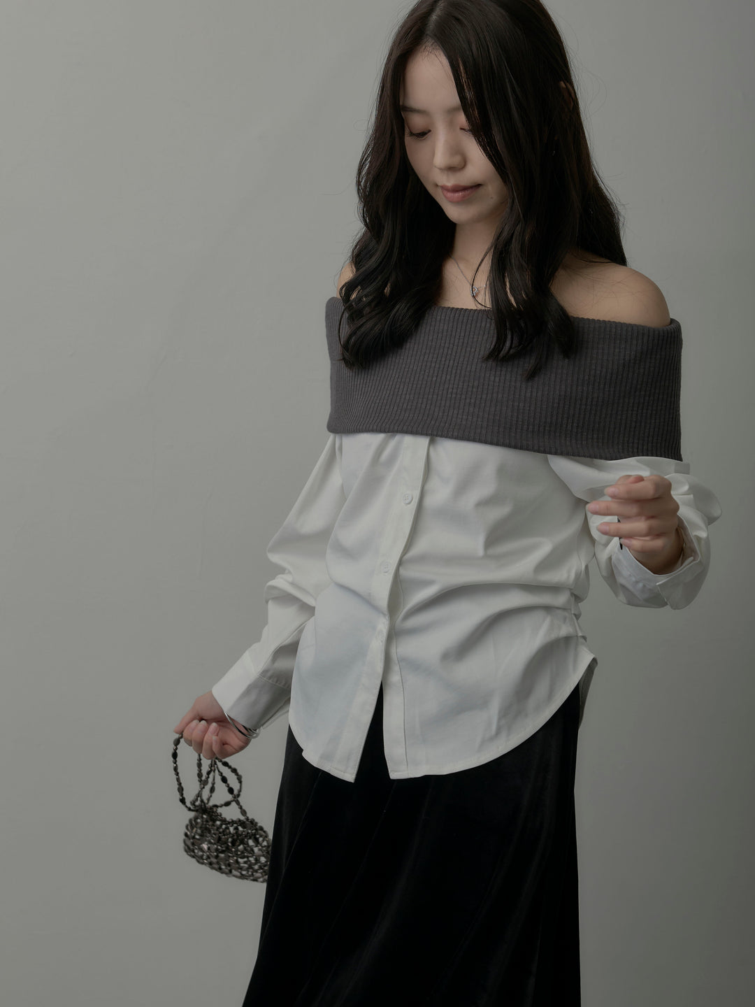 ニットシャツドッキングオフショルトップス