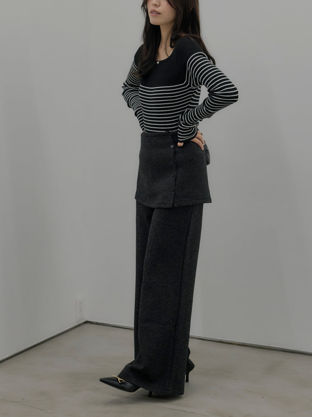 【SET】ハーフボーダーニットトップス+ミックスヤーンニットラップパンツ(2set)