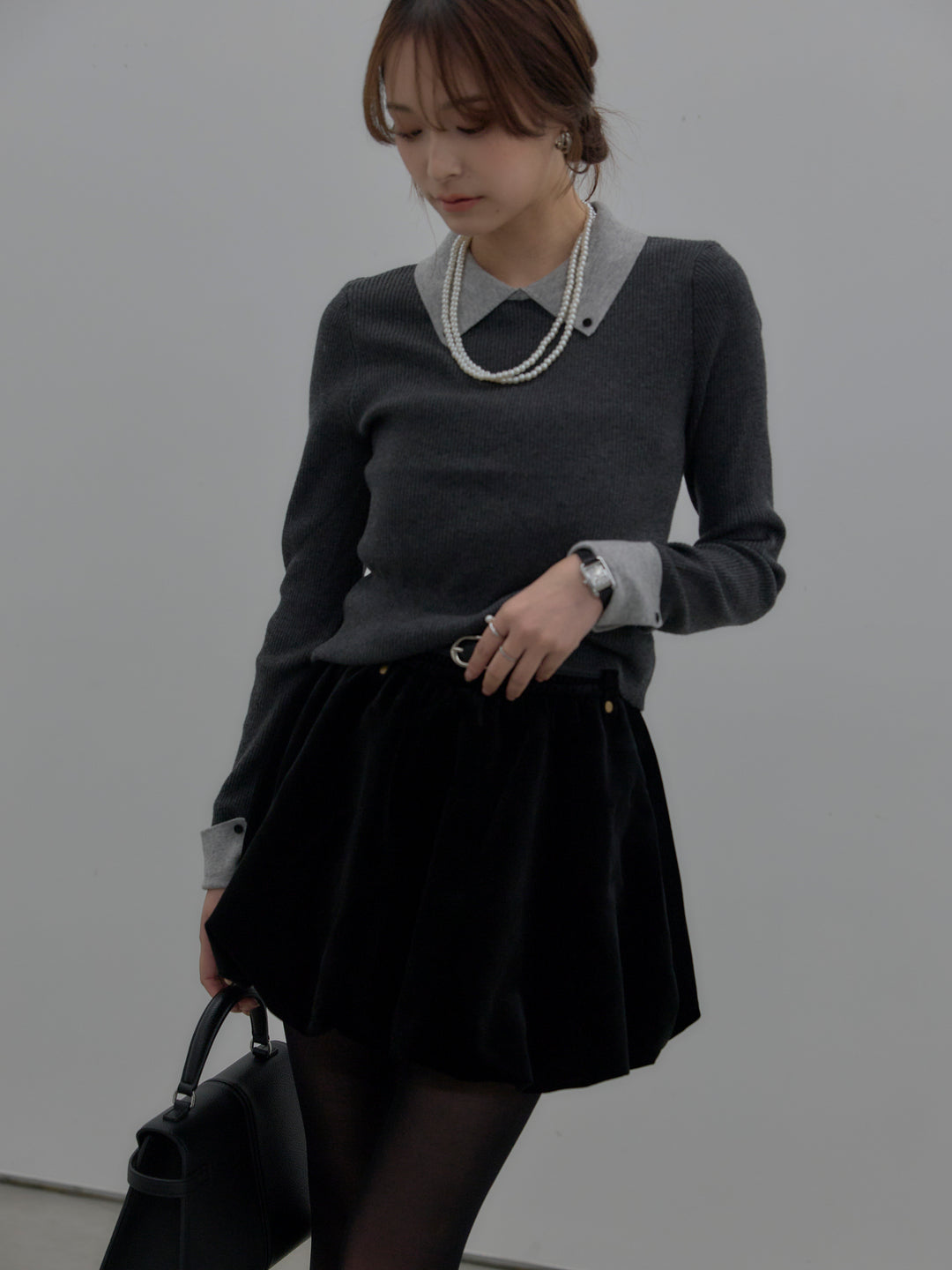 【SET】配色カフスニットポロ+ベロアバルーンミニスカート(インパン付き)(2set)