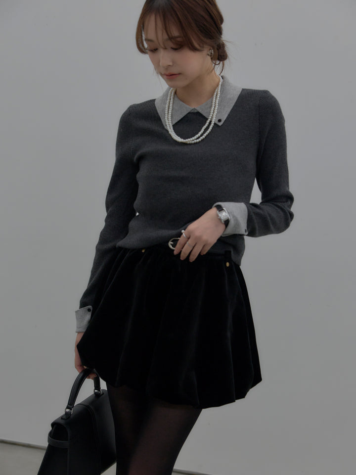 【SET】配色カフスニットポロ+ベロアバルーンミニスカート(インパン付き)(2set)