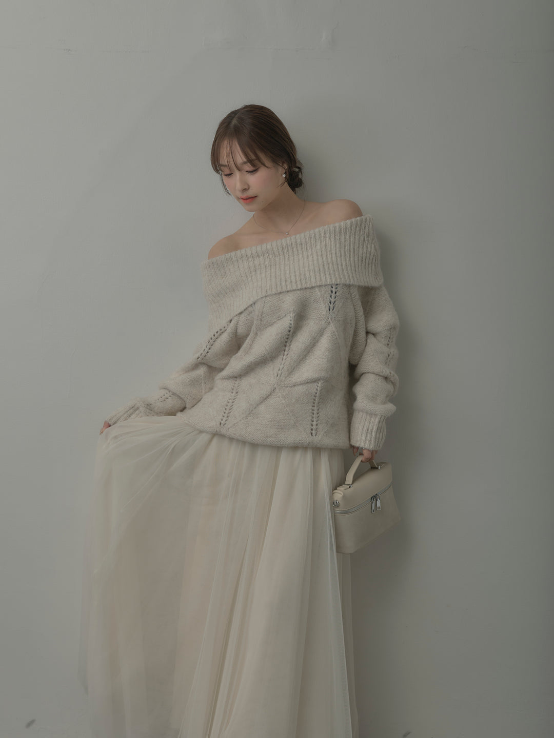 【SET】メランジニットオフショルトップス+ボリュームチュールスカート(2set)