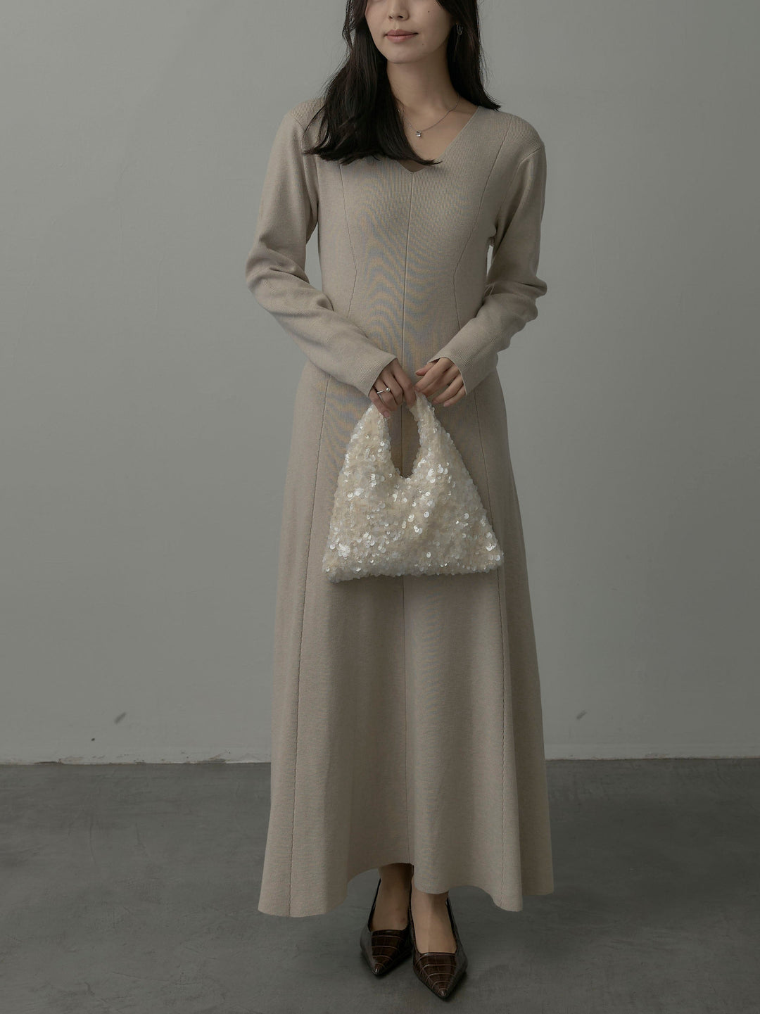 【SET】ショールカラーニットカーディガン+Vネックニットロングワンピース(2set)