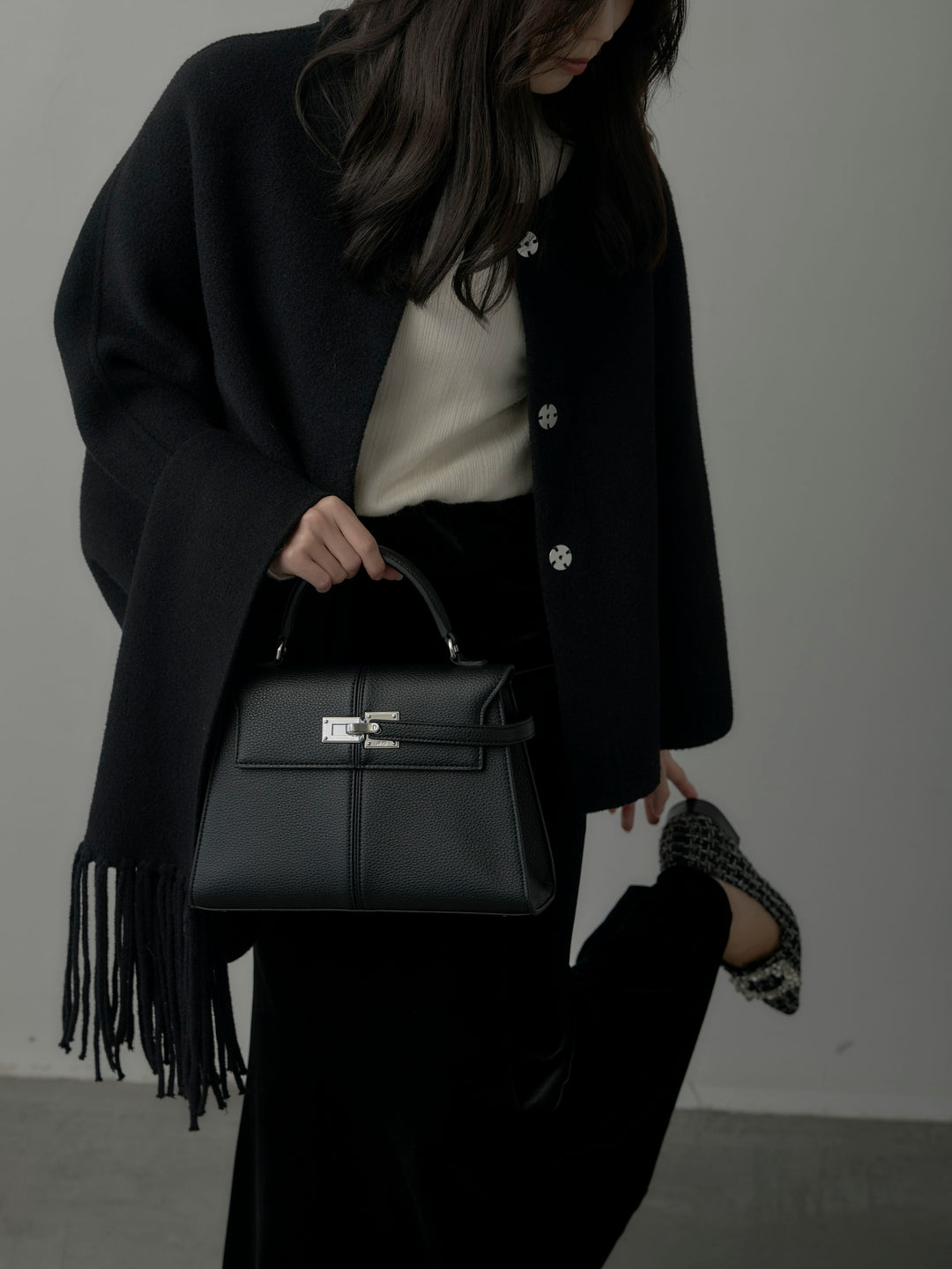 【SET】マフラー付き2WAYケープコート+リブニットタートルネック+ベロアマーメイドスカート(3set)