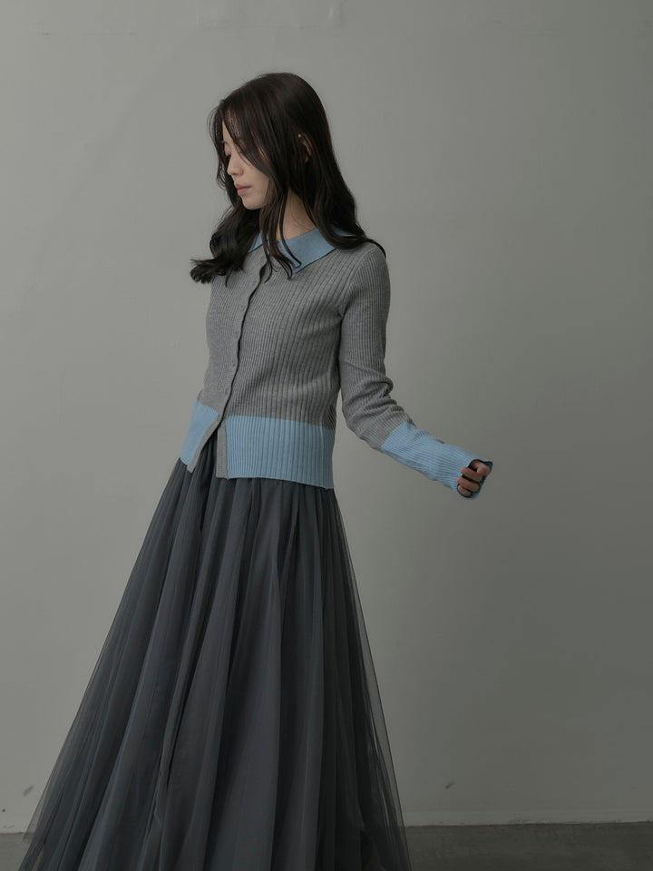 【SET】バイカラーリブニットポロトップス+ボリュームチュールスカート(2set)