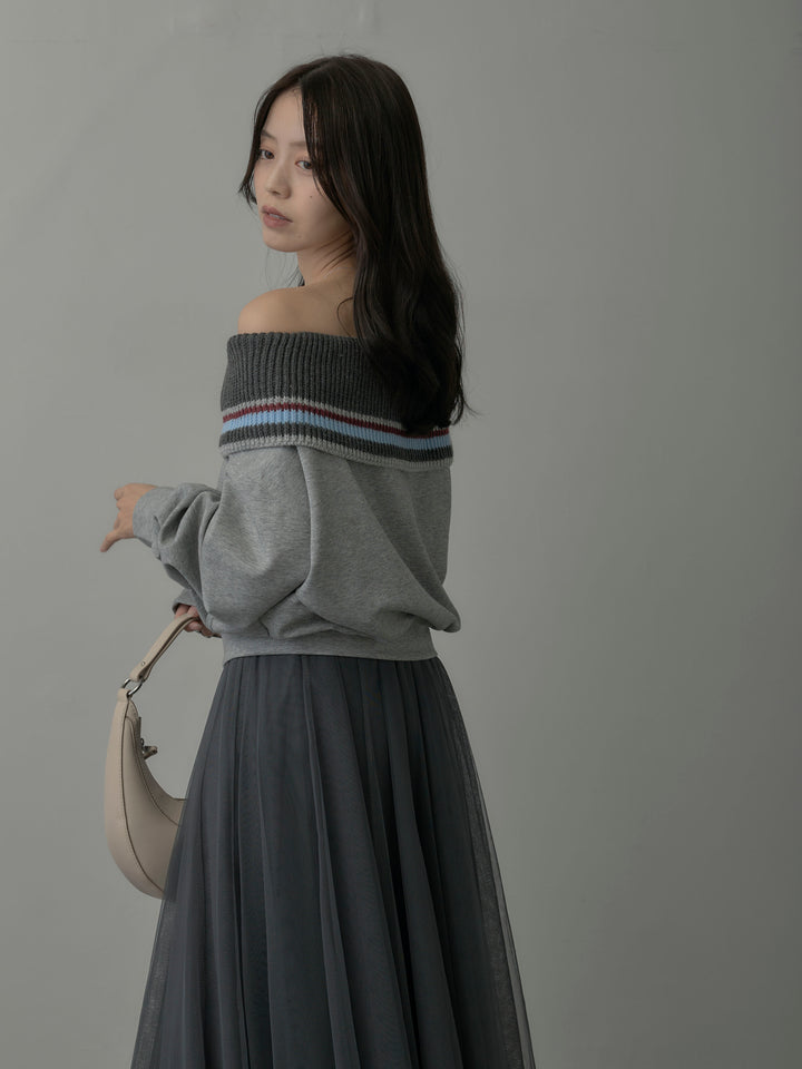 【SET】配色ボーダースウェットオフショルトップス+ボリュームチュールスカート(2set)