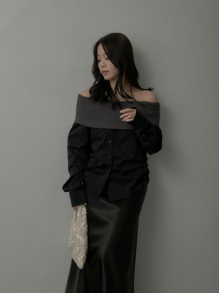 【SET】ニットシャツドッキングオフショルトップス+ヘビーサテンAラインスカート(2set)