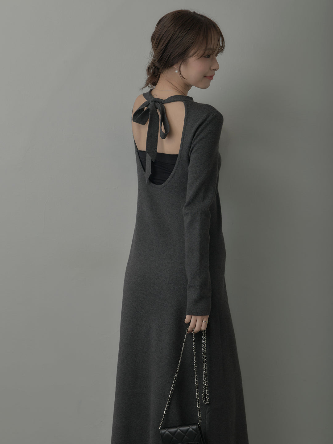 バックリボンニットロングワンピース