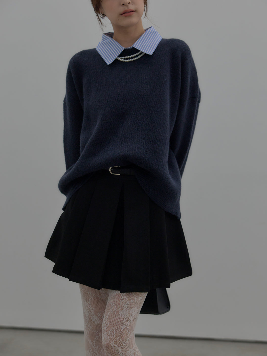 【SET】シャツドッキング肉厚ニットプルオーバー+ベルト付きプリーツミニスカート(2set)
