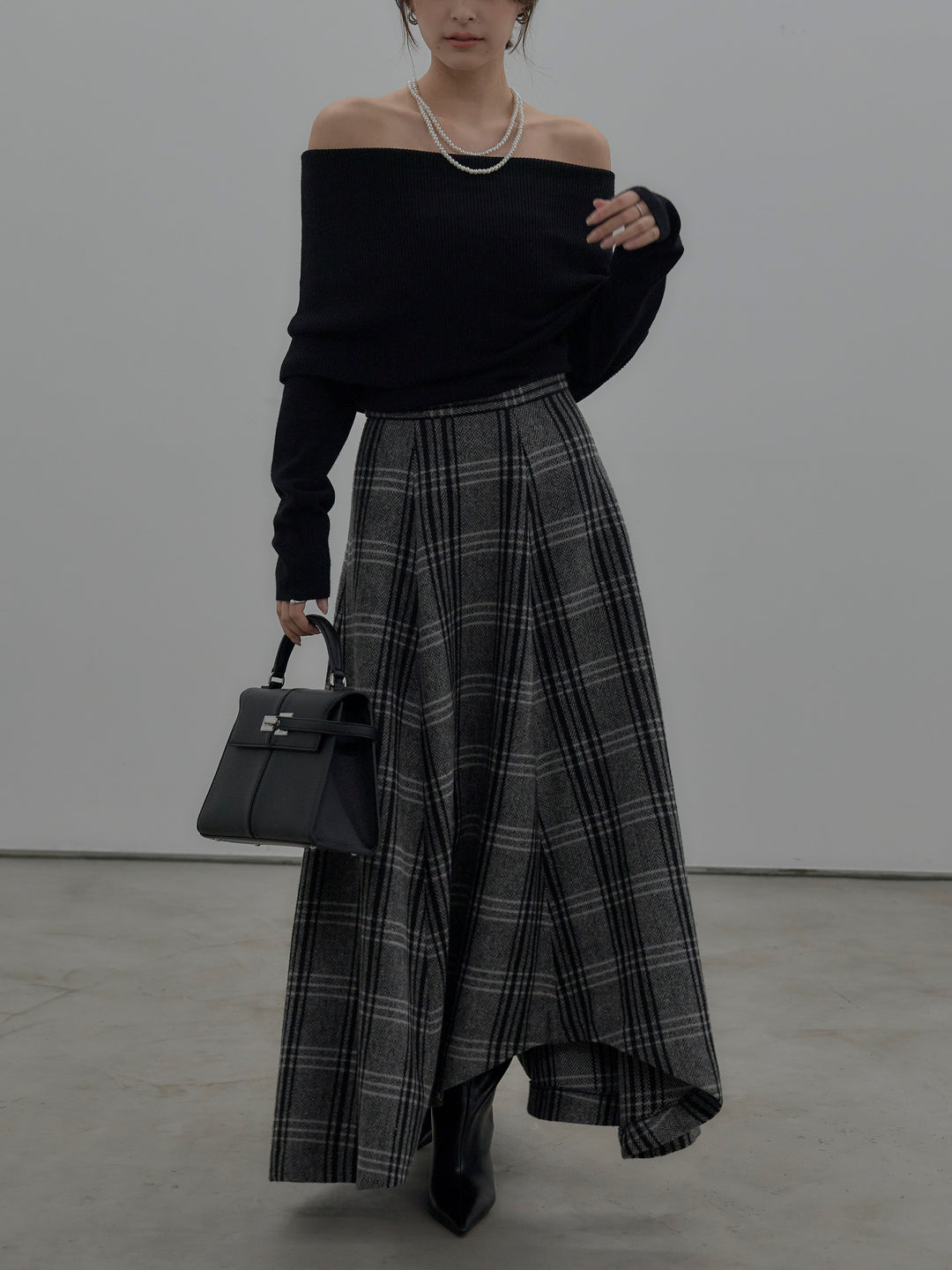 【SET】【premium touch】ソフトリブオフショルニットトップス+【Essential】クラシカルチェックウールタッチスカート(2set)