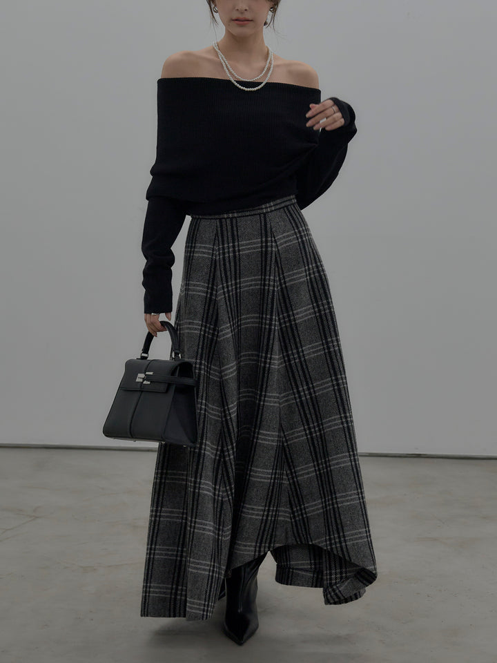 【SET】【premium touch】ソフトリブオフショルニットトップス+【Essential】クラシカルチェックウールタッチスカート(2set)