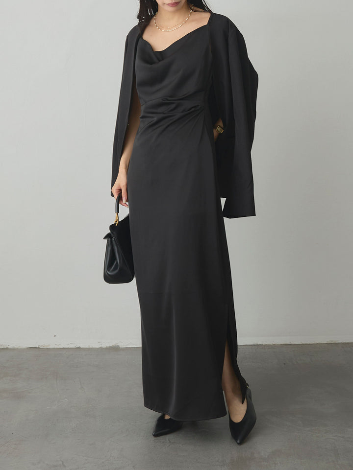 【SET】【Essential】フロントホックノーカラージャケット+【Essential】サテンドレープキャミワンピ(2set)