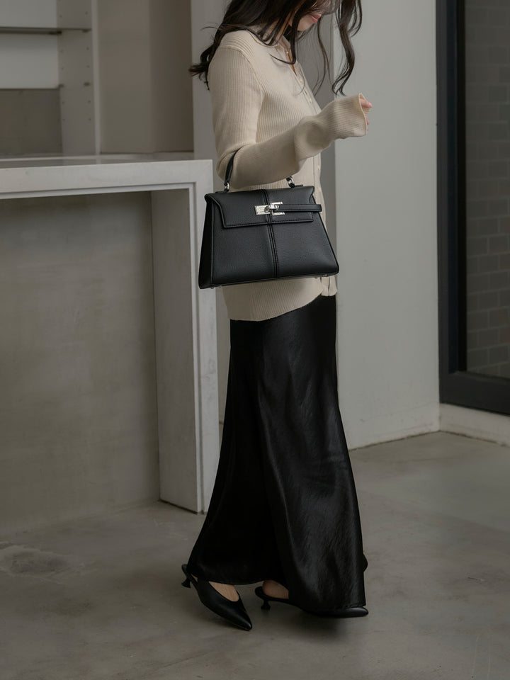 【SET】リブ配色ラインポロニットカーディガン+ナローAラインサテンスカート(2set)