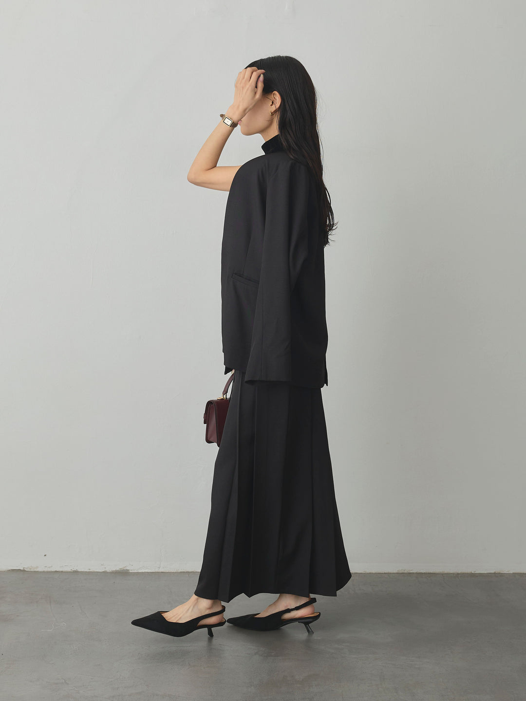 【SET】【Essential】フロントホックノーカラージャケット+【Essential】ベルト付きサイドタックスカート(2set)