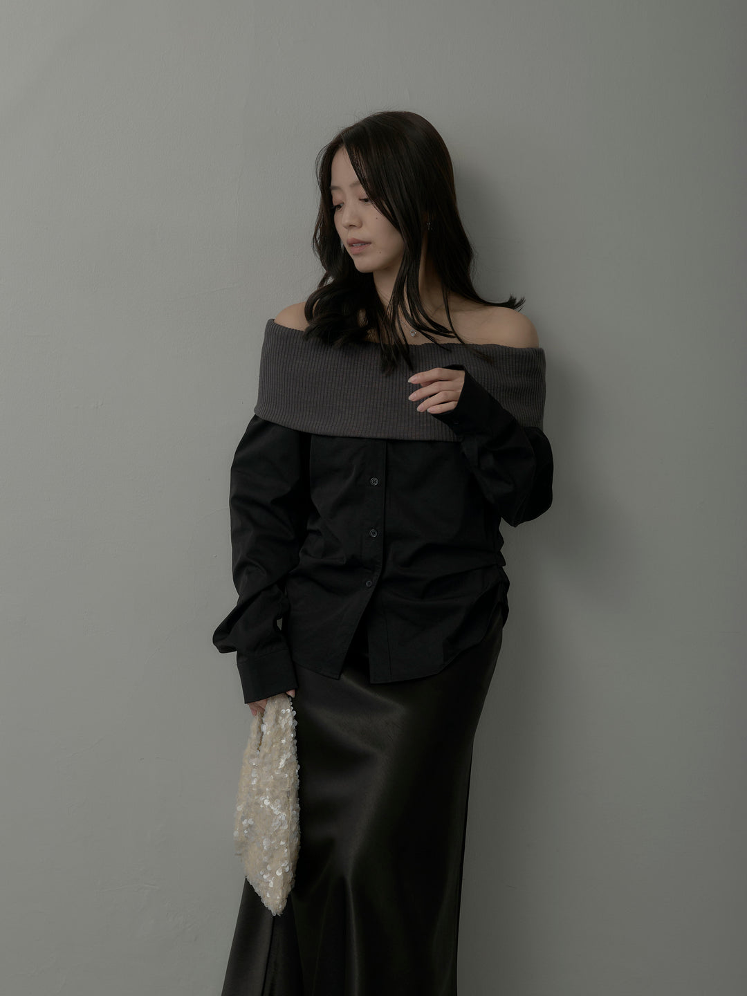 ニットシャツドッキングオフショルトップス