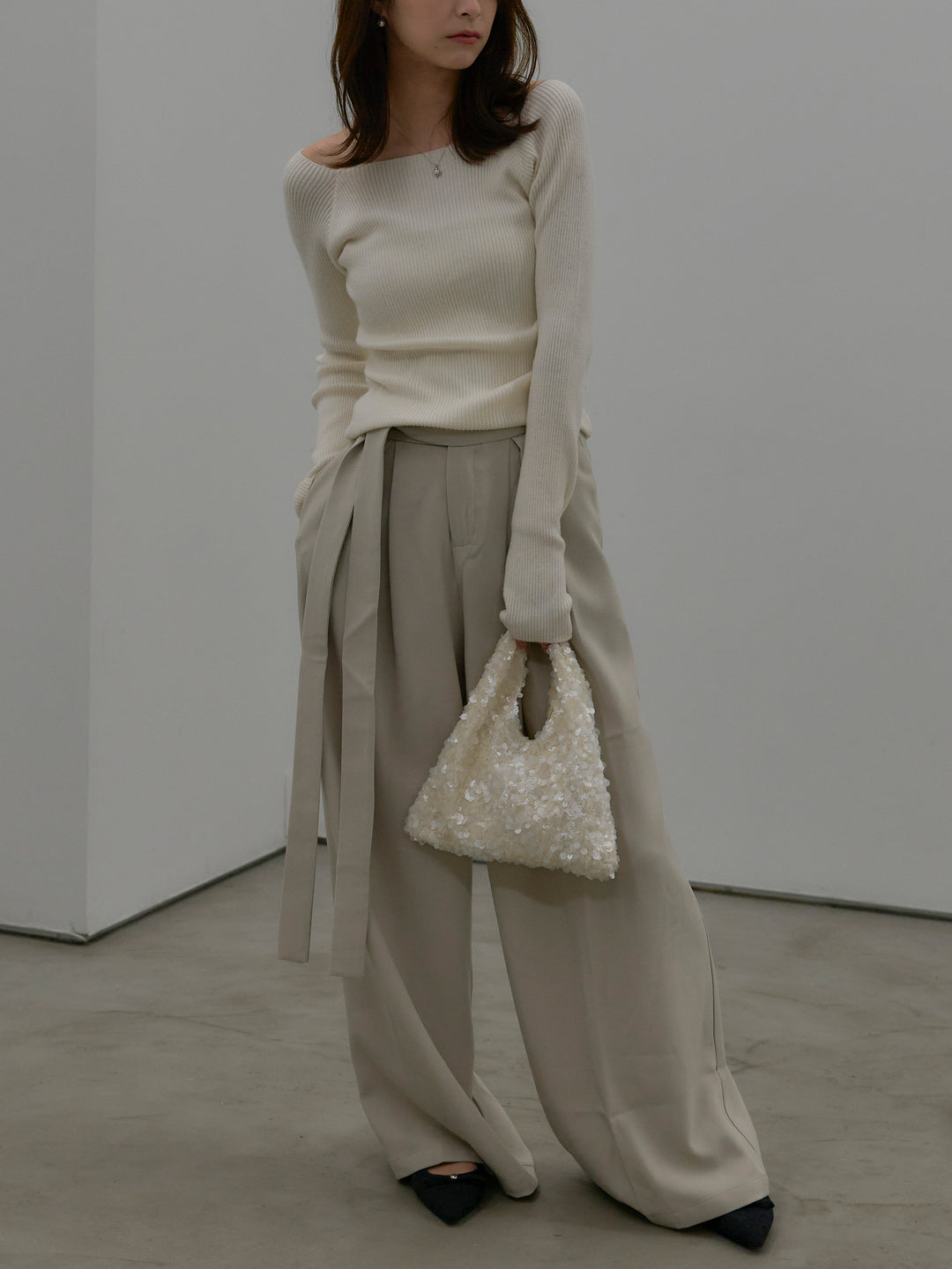 【SET】モヘアライクオーバーニットカーディガン+ウエストリボンワイドパンツ(2set)