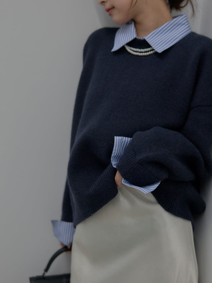 【SET】シャツドッキング肉厚ニットプルオーバー+ナローAラインサテンスカート(2set)