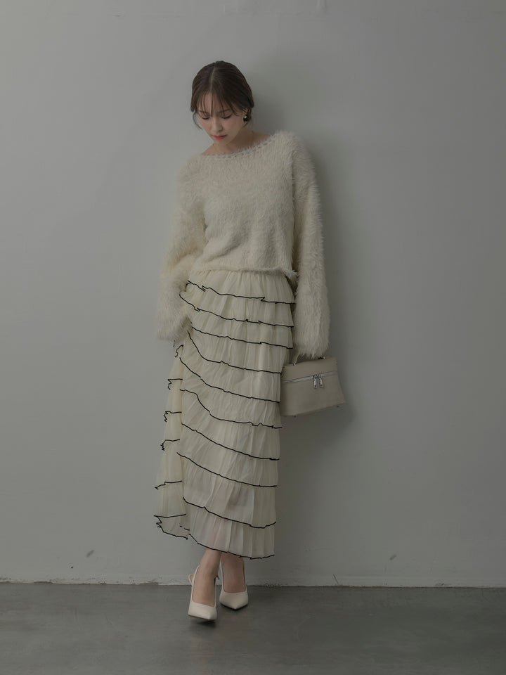 【SET】襟デザインシャギーニットトップス+バイカラーフリルチュールスカート(2set)