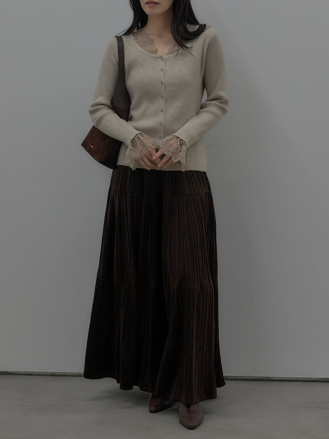 【SET】レースドッキングリブニットトップス+ベロアプリーツティアードスカート(2set)