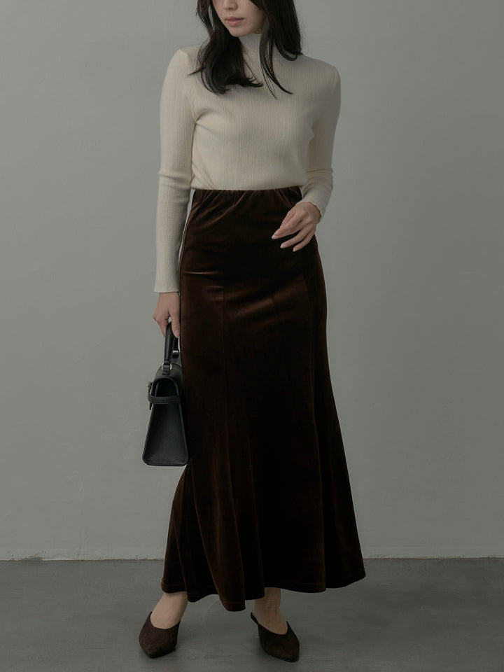 【SET】リブニットタートルネック+ベロアマーメイドスカート(2set)