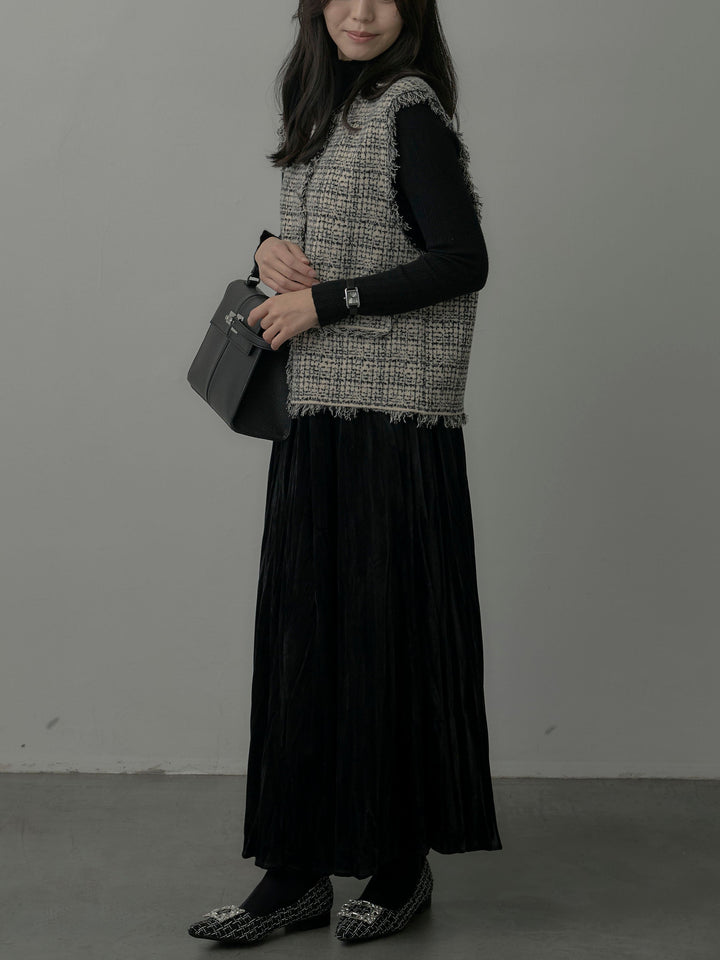 【SET】ツイードフリンジベスト+リブニットタートルネック+ベロアワッシャープリーツスカート(3set)