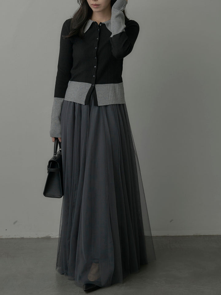 【SET】バイカラーリブニットポロトップス+ボリュームチュールスカート(2set)