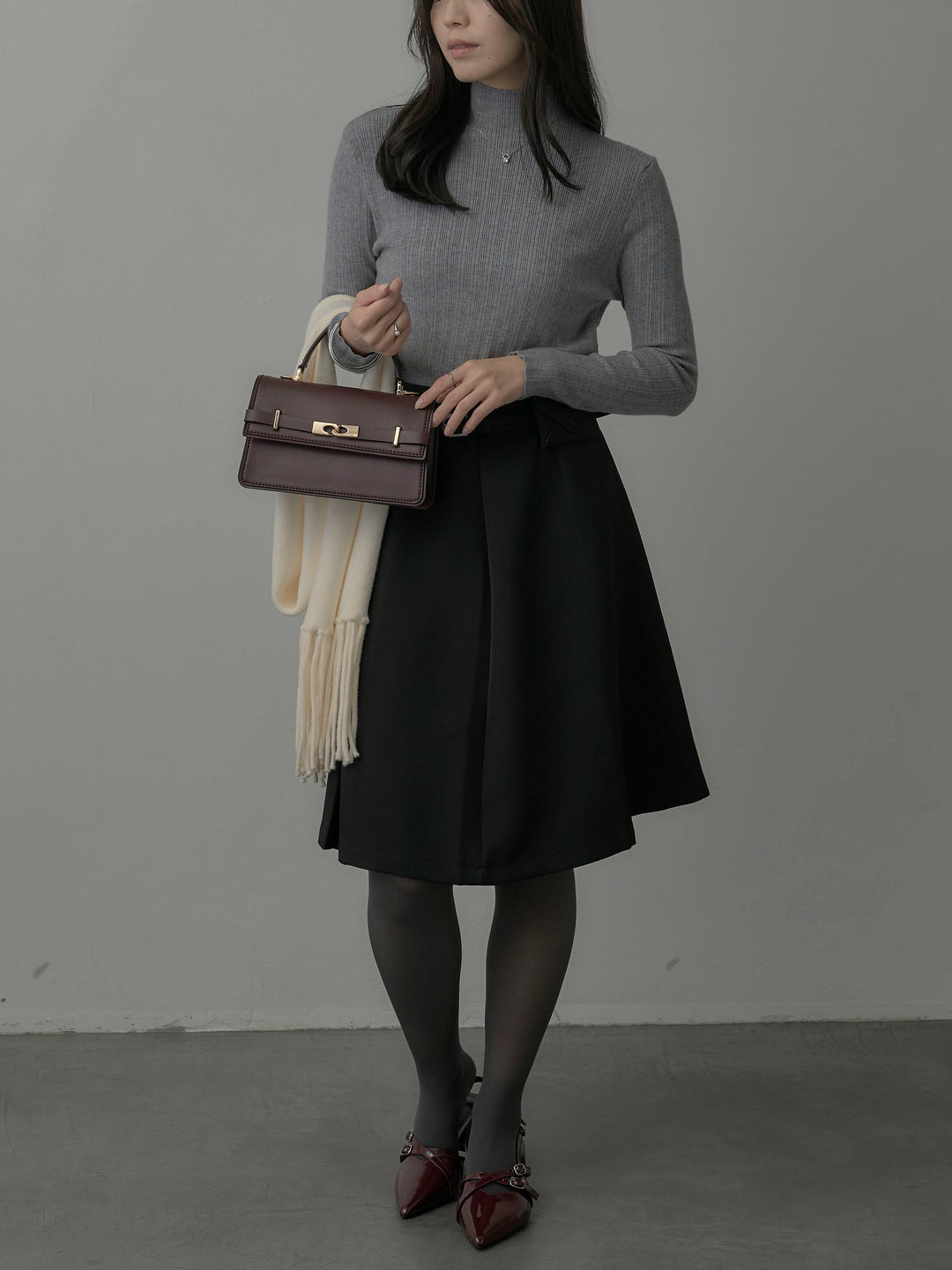 【SET】リブニットタートルネック+ウエストポーチ付きミディスカート(2set)