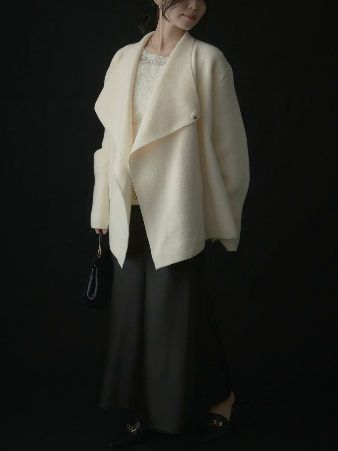 【SET】ショールカラーニットカーディガン+【インナー付き】シアーレーストップス+ヘビーサテンAラインスカート(3set)