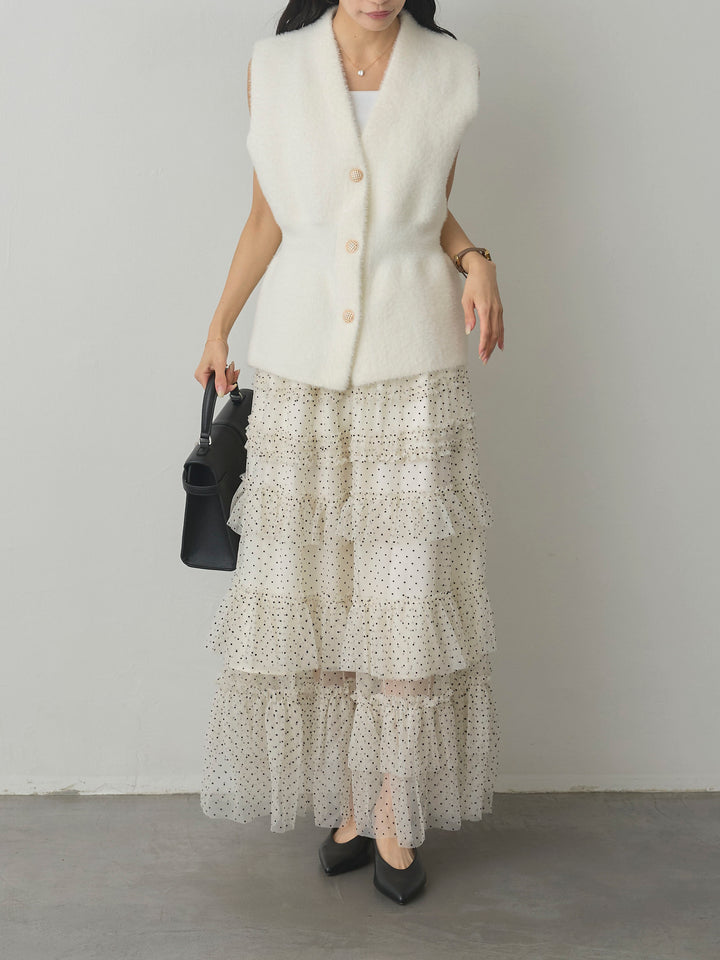 【SET】シャギーニットペプラムベスト+ドットチュールティアードスカート(2set)
