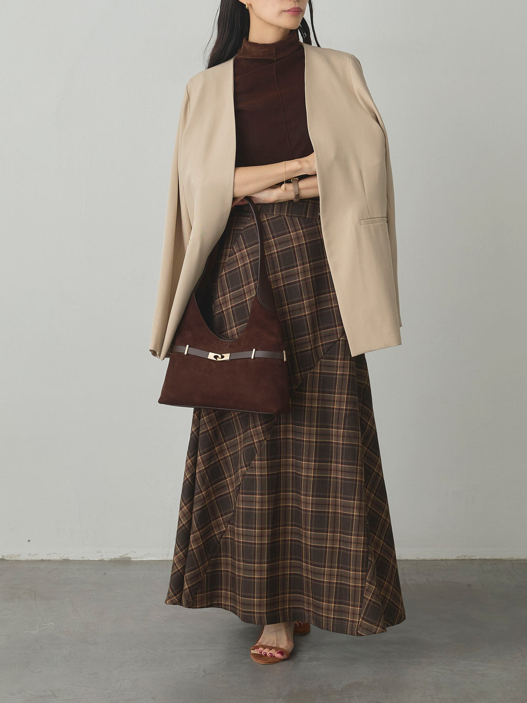 【SET】【Essential】フロントホックノーカラージャケット+クラシカルチェックパネルスカート(2set)