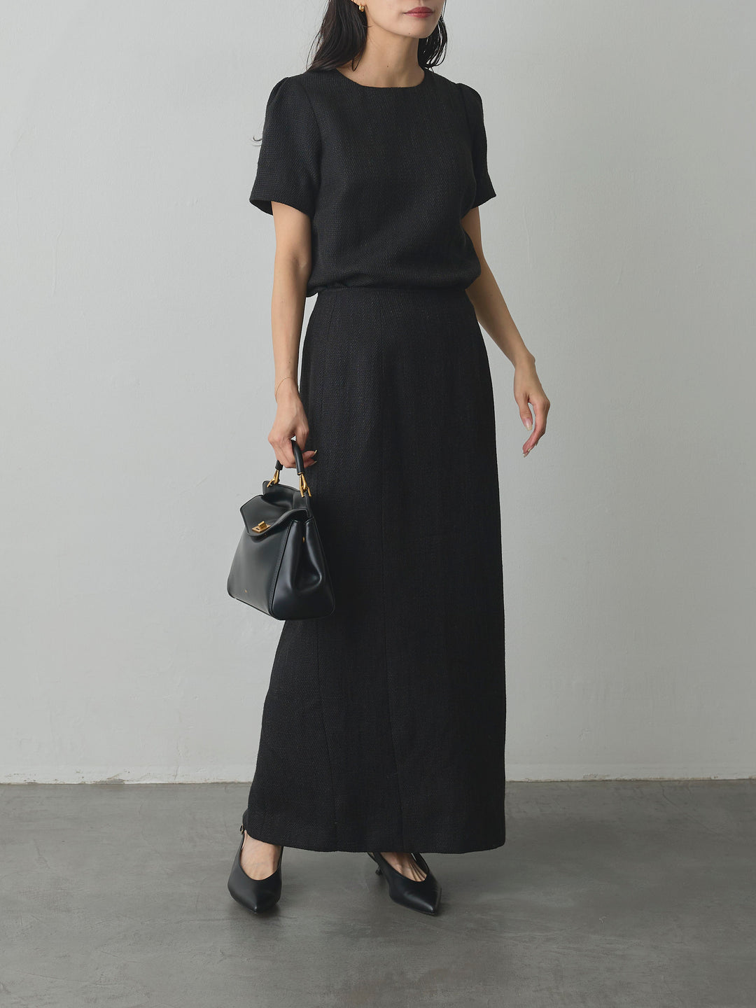 【SET】【Essential】ツイードハーフスリーブトップス+【Essential】ツイードペンシルスカート(2set)