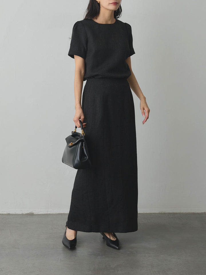 【SET】【Essential】ツイードハーフスリーブトップス+【Essential】ツイードペンシルスカート(2set)