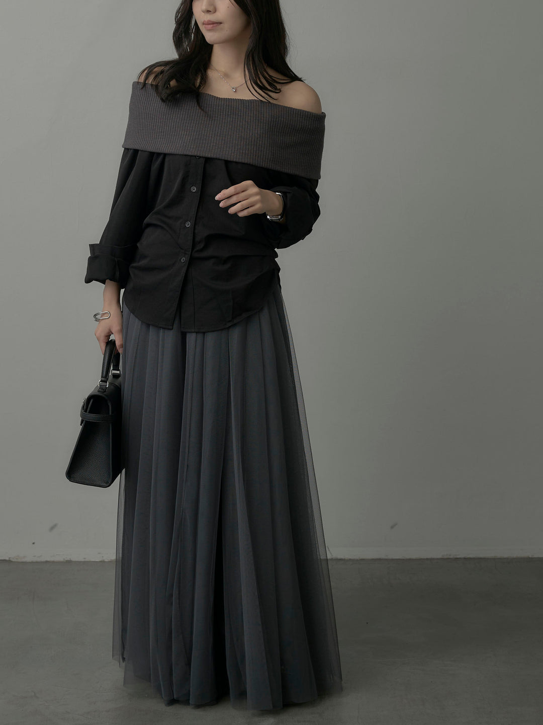 【SET】ニットシャツドッキングオフショルトップス+ボリュームチュールスカート(2set)