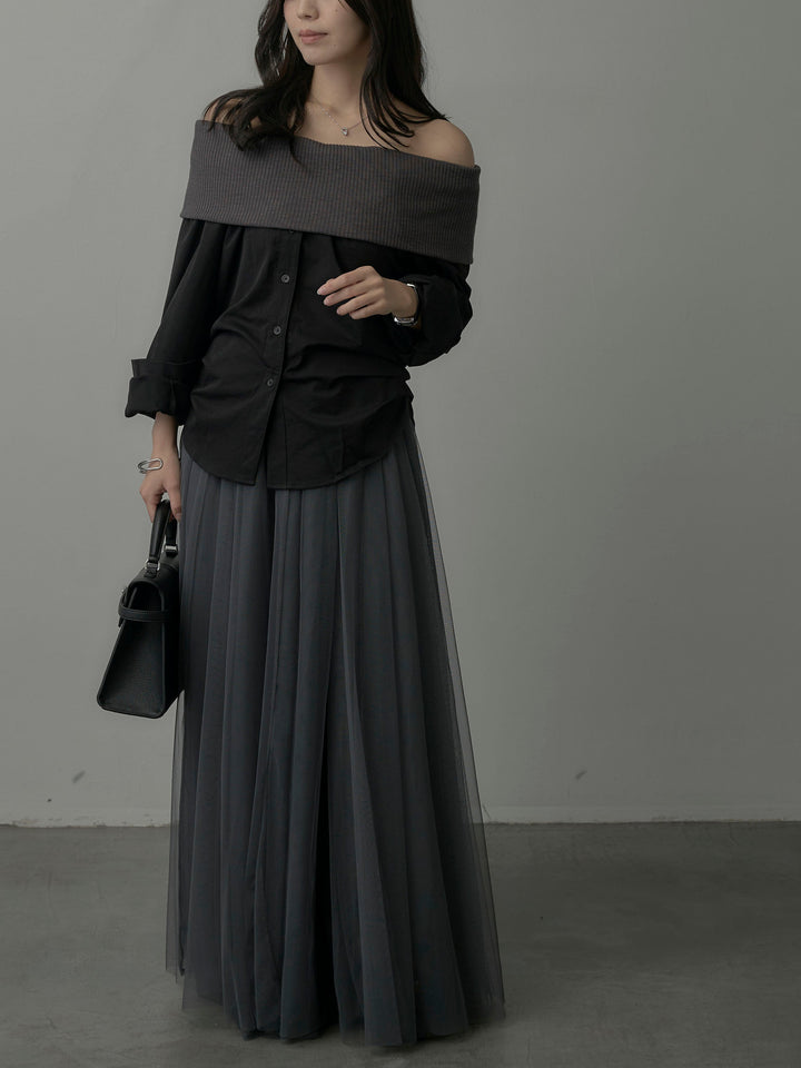 【SET】ニットシャツドッキングオフショルトップス+ボリュームチュールスカート(2set)