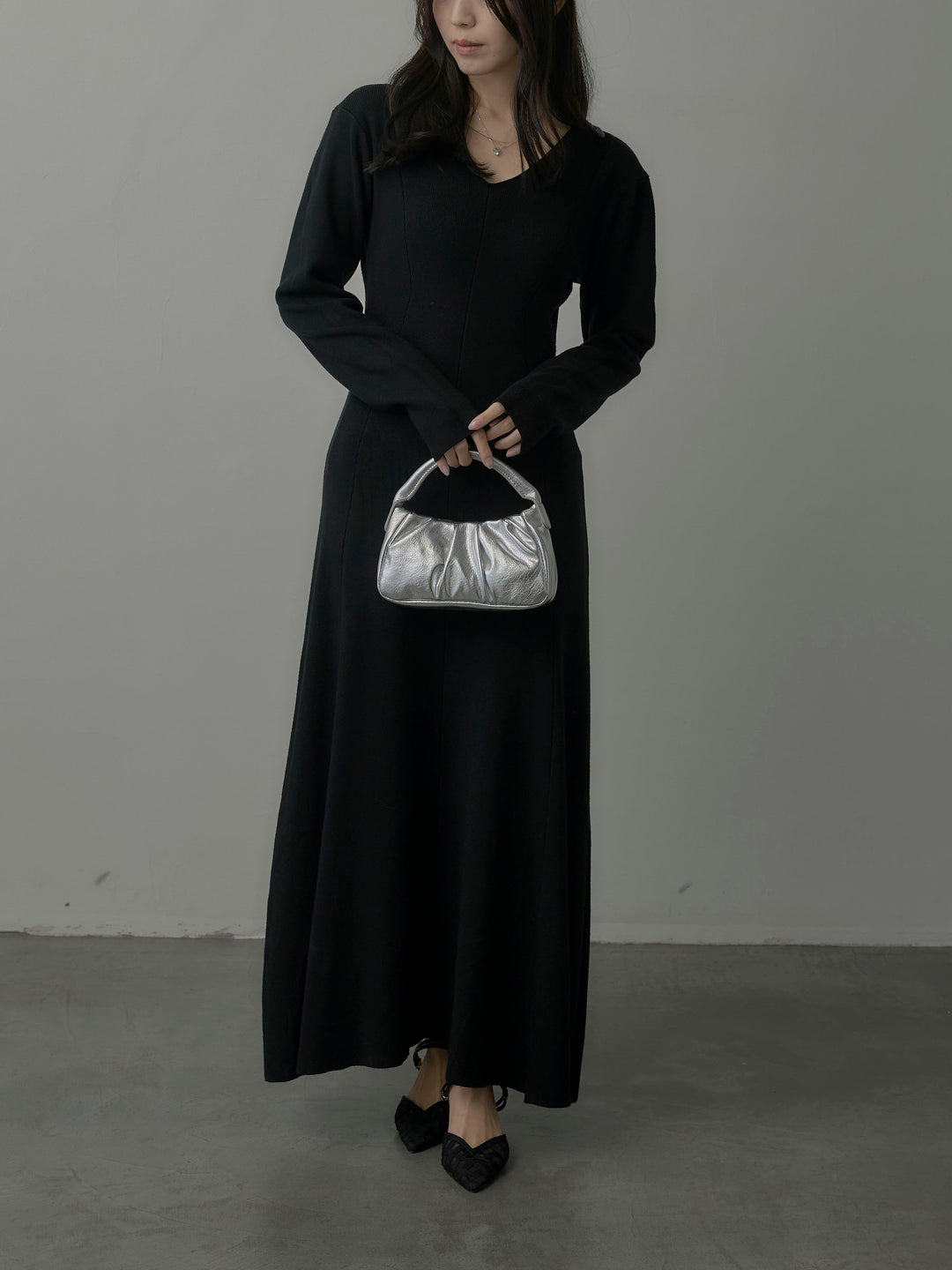 【SET】ショールカラーニットカーディガン+Vネックニットロングワンピース(2set)