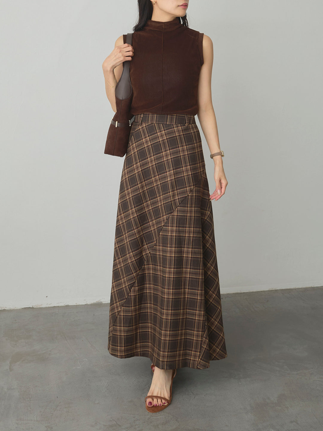 【SET】メッシュベロアノースリーブトップス+クラシカルチェックパネルスカート(2set)