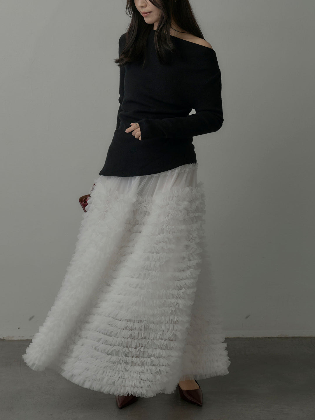 【SET】サイドスリットボートネックニットトップス+ドラマチックフリルチュールスカート(2set)