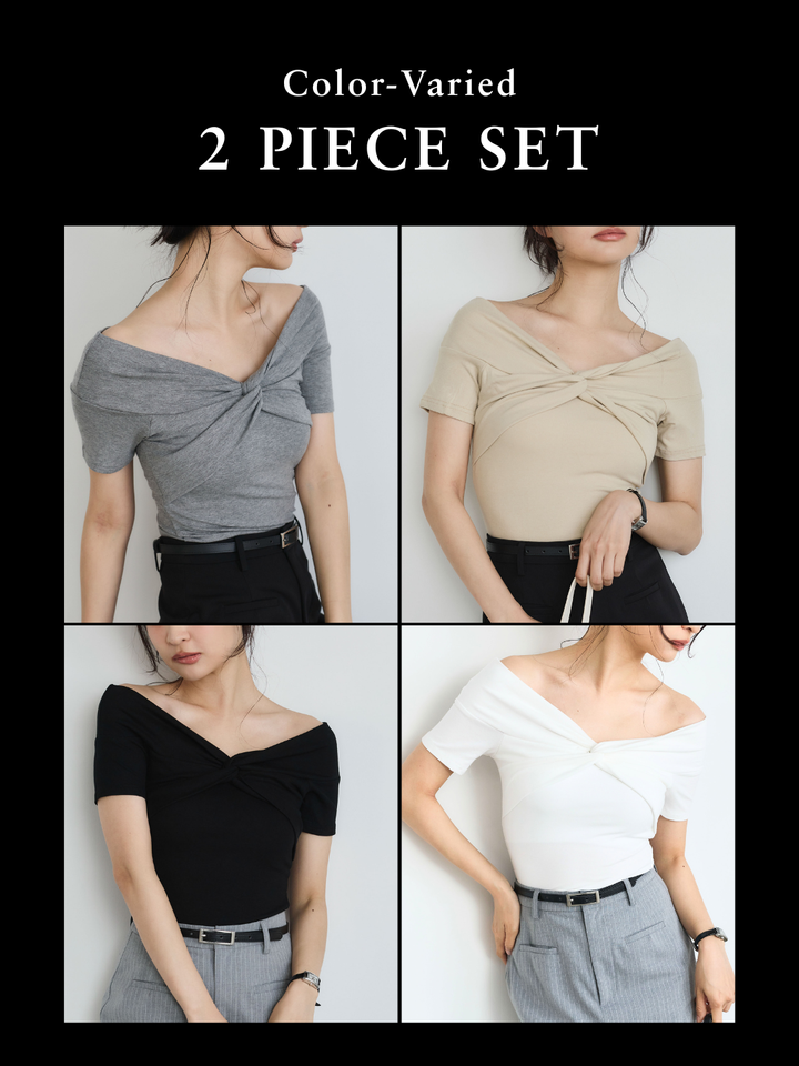 【SET】リボンライクオフショルダーTシャツ+リボンライクオフショルダーTシャツ(2set)