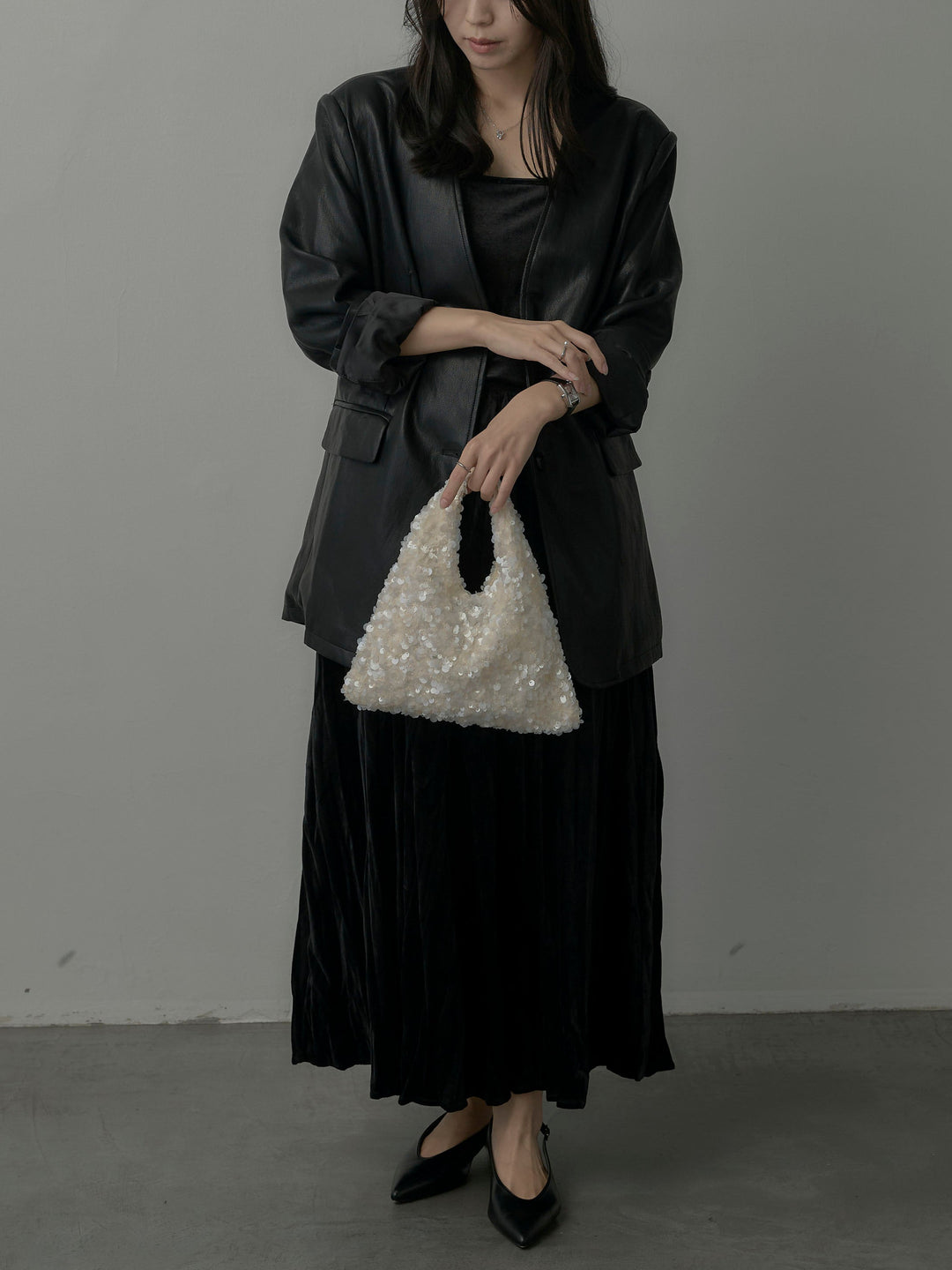 【SET】レザーノーカラージャケット+ベロアワッシャープリーツスカート(2set)