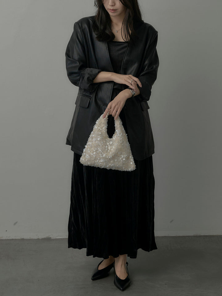 【SET】レザーノーカラージャケット+ベロアワッシャープリーツスカート(2set)