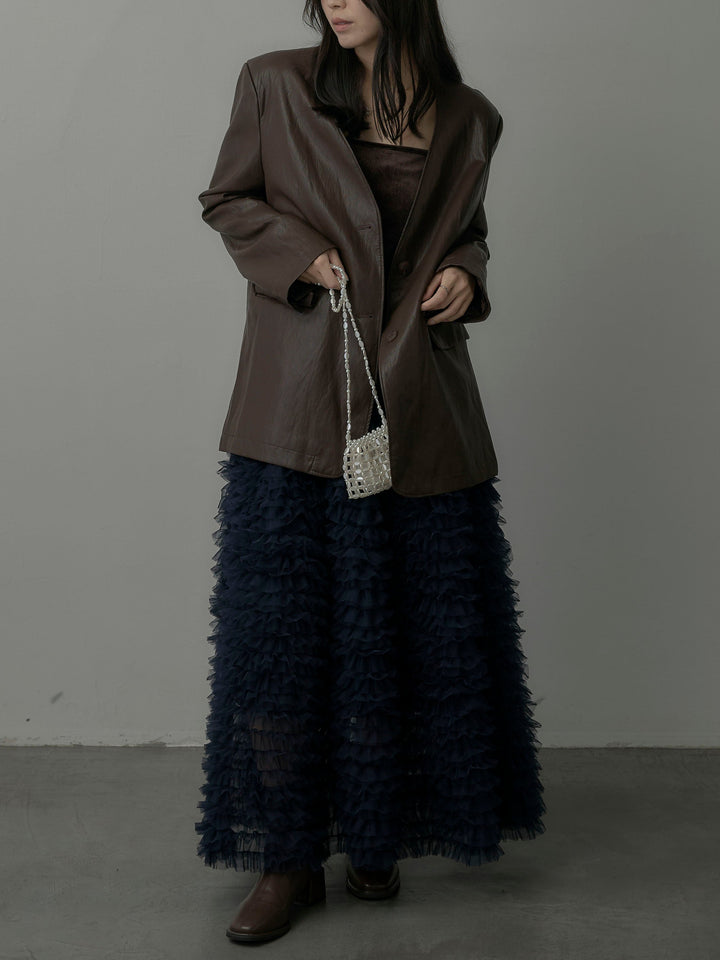 【SET】レザーノーカラージャケット+ドラマチックフリルチュールスカート(2set)