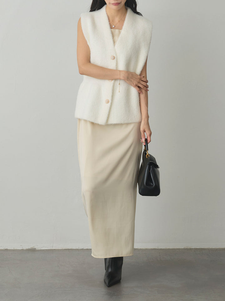 【SET】シャギーニットペプラムベスト+【Essential】サテンドレープキャミワンピ(2set)