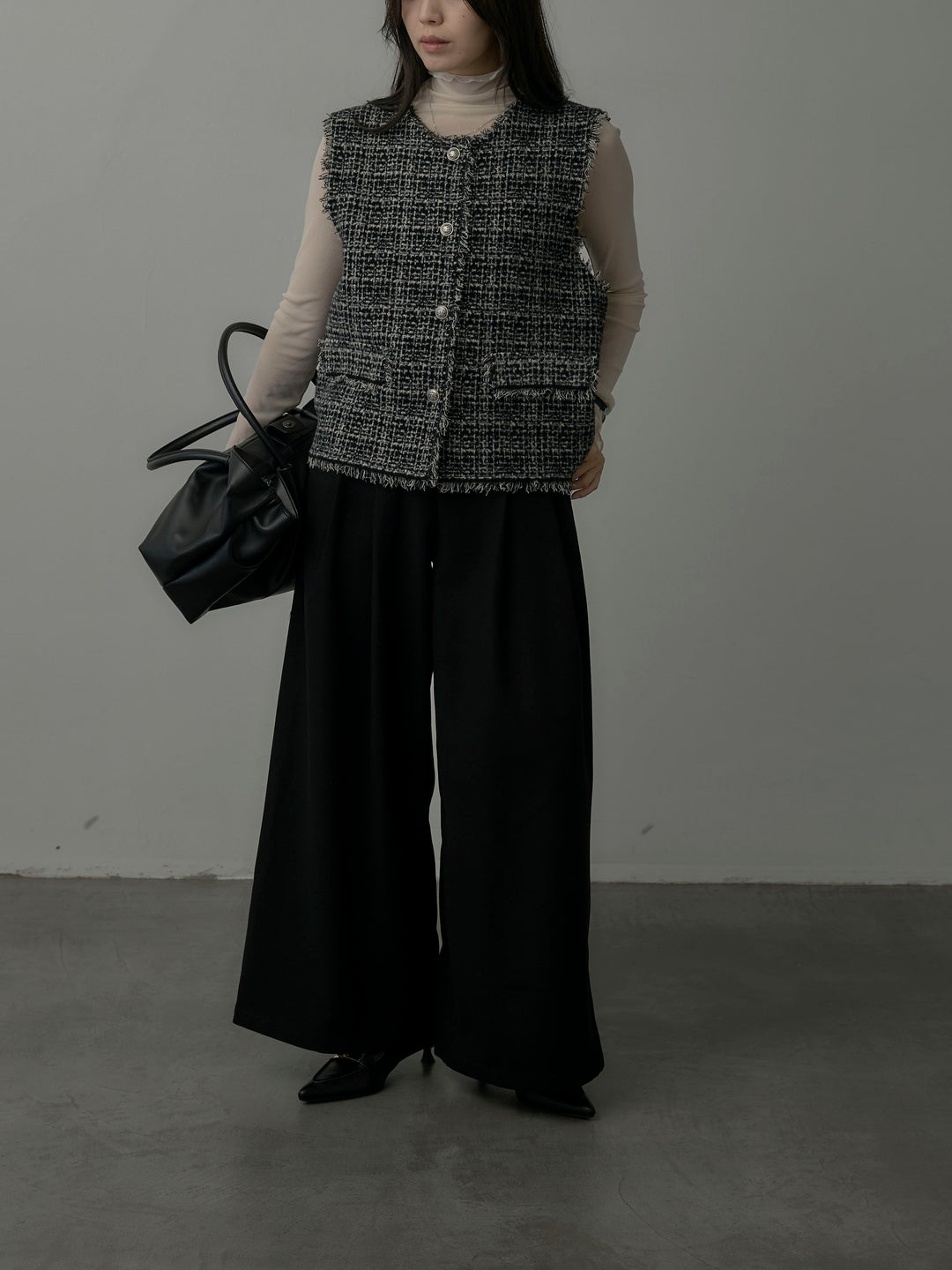 【SET】ツイードフリンジベスト+メロウフリルシアートップス+【ロープベルト付属】ウールタッチワイドパンツ(3set)