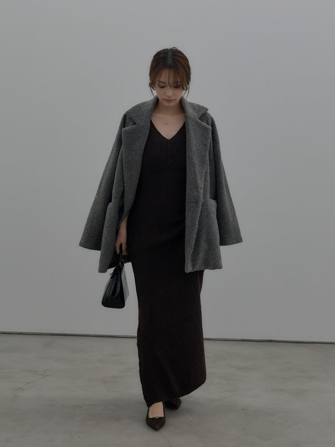 【SET】【Essential】オーバーサイズジャケットコート+リュクスリブニットロングドレス(2set)
