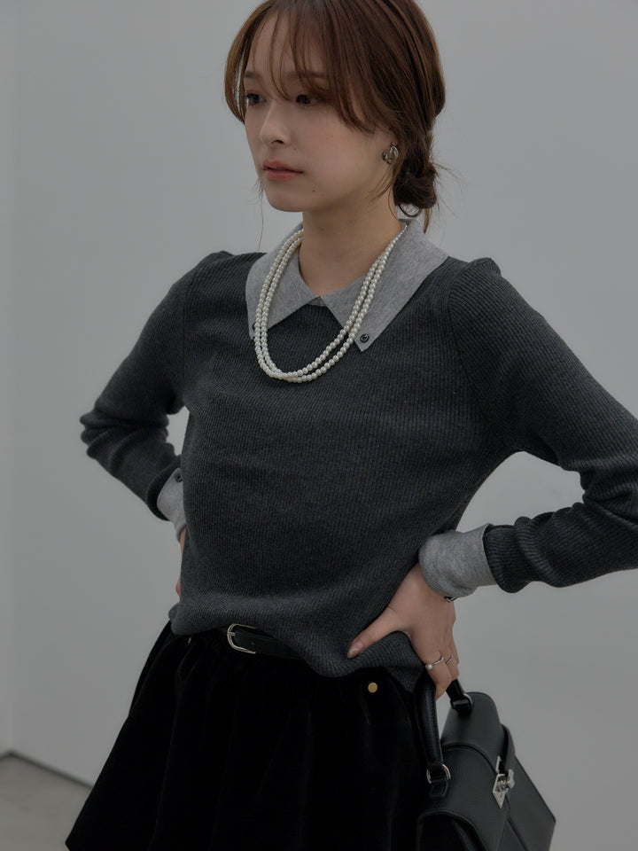 【SET】配色カフスニットポロ+ベロアバルーンミニスカート(インパン付き)(2set)