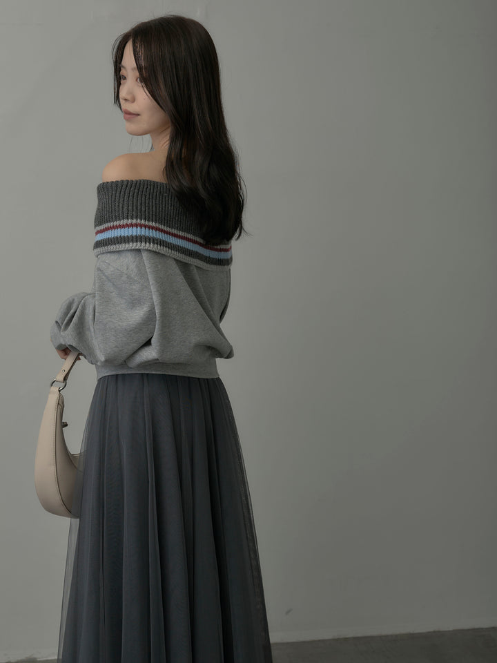 配色ボーダースウェットオフショルトップス