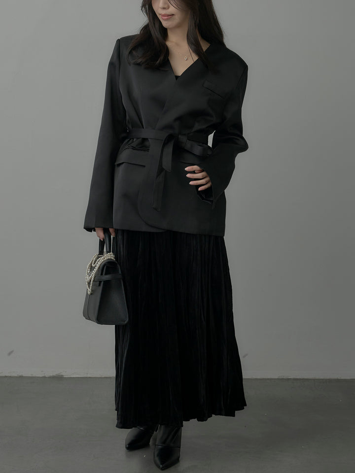 【SET】ノーカラーサテンジャケット+ベロアワッシャープリーツスカート(2set)