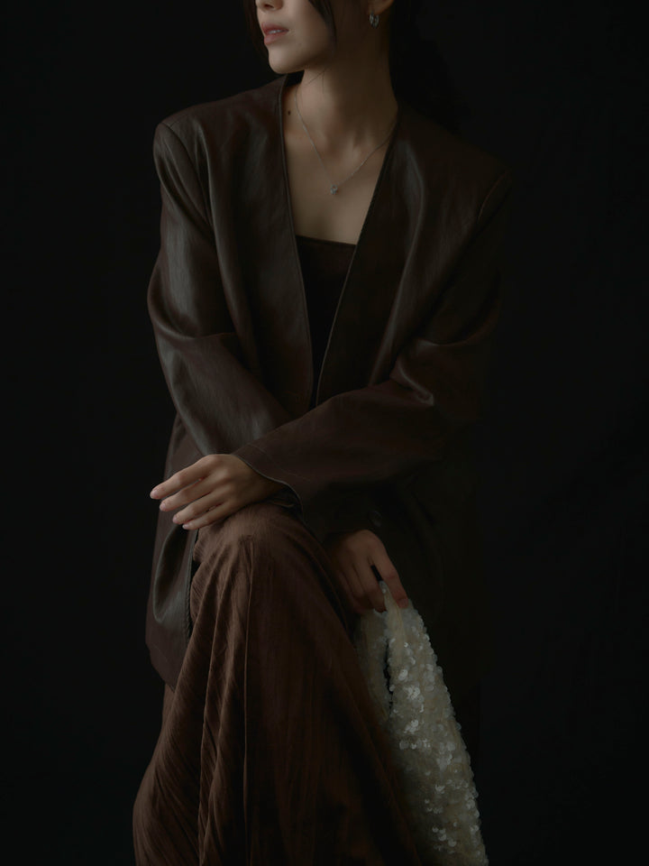 【SET】レザーノーカラージャケット+ベロアワッシャープリーツスカート(2set)