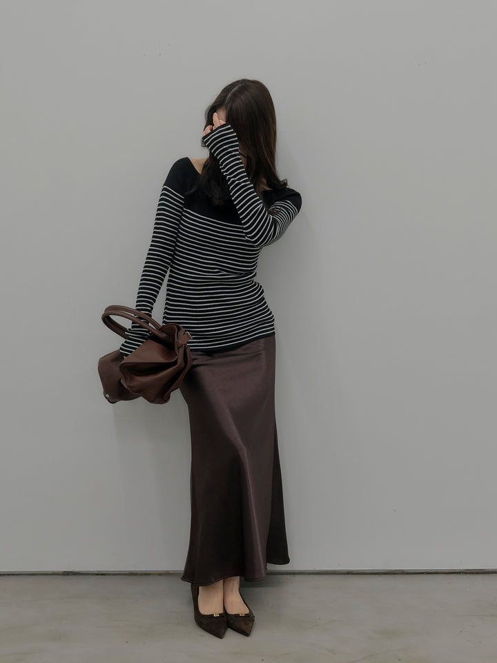 【SET】ハーフボーダーニットトップス+ナローAラインサテンスカート(2set)