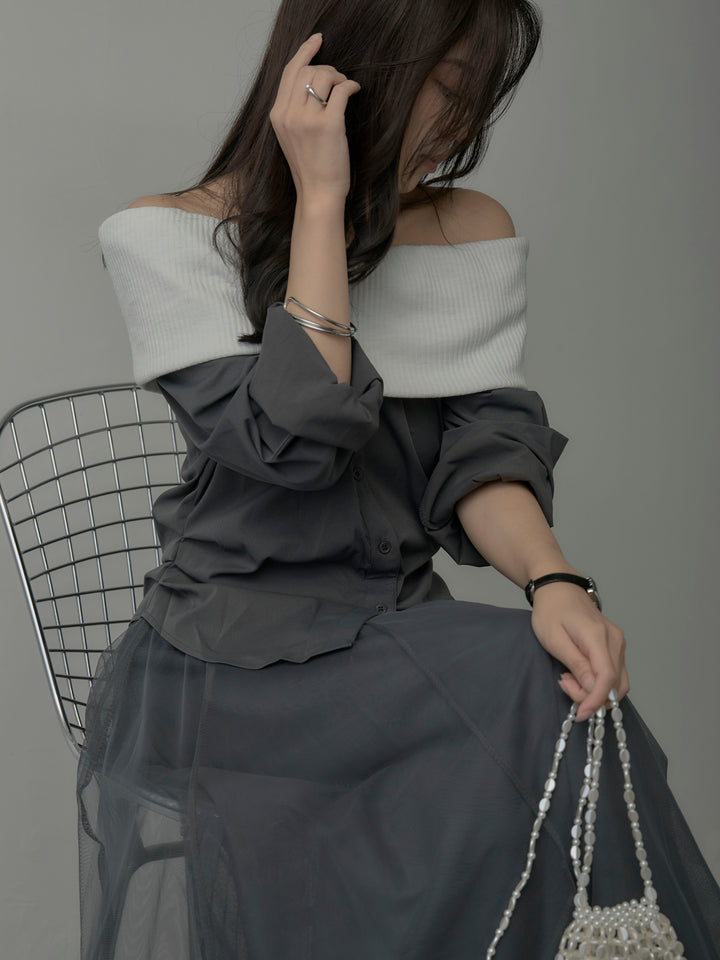 【SET】ニットシャツドッキングオフショルトップス+ボリュームチュールスカート(2set)